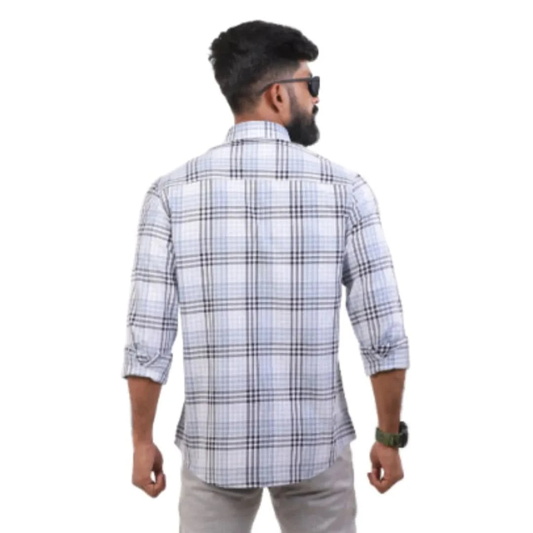 Blue And White Melange Checked Shirt For Men