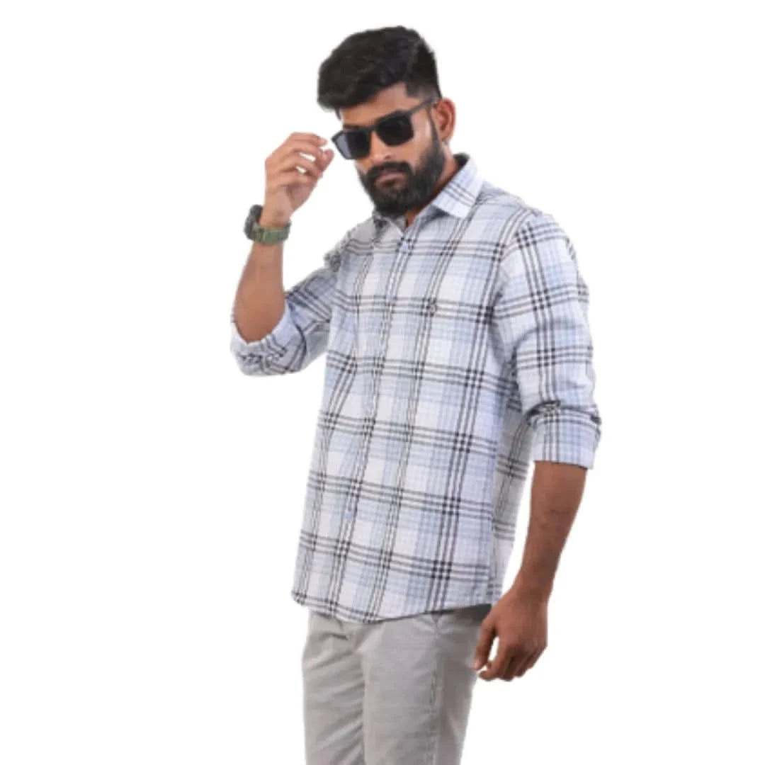 Blue And White Melange Checked Shirt For Men