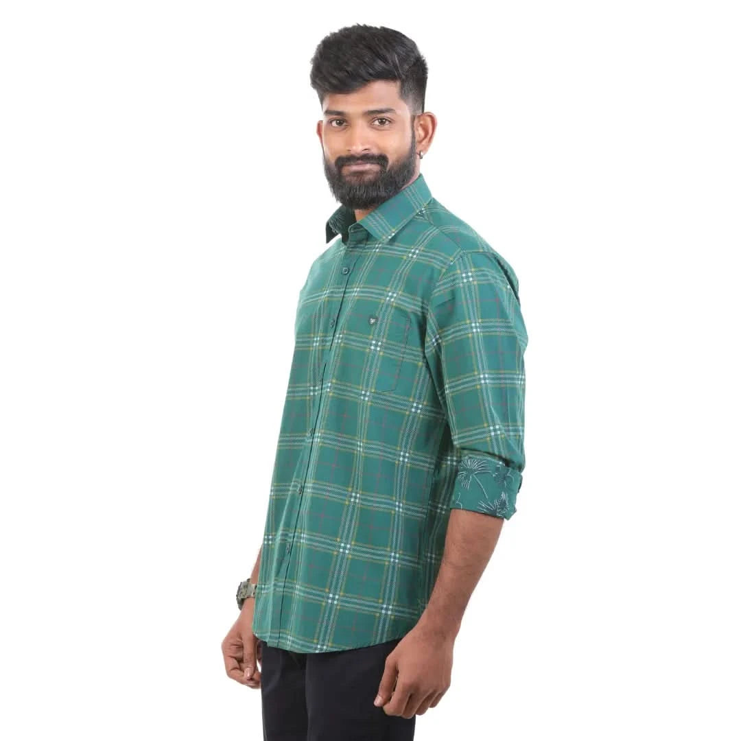 Green Two-way Print Checked Shirt for Men