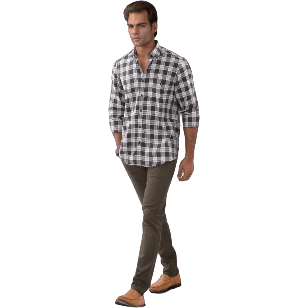 Grey Twill Checked Shirt For Men - 4586