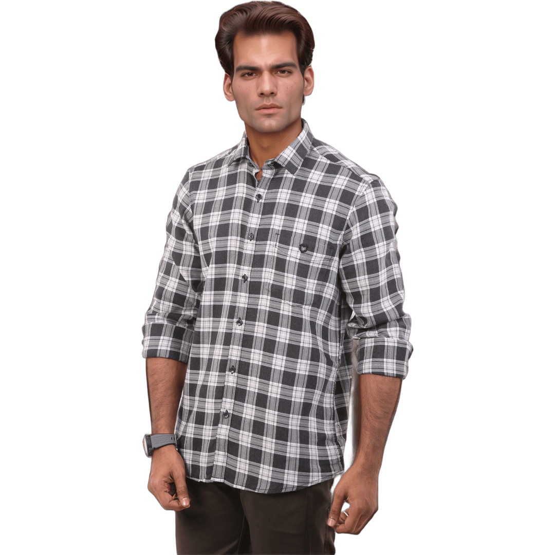 Grey Twill Checked Shirt For Men - 4586