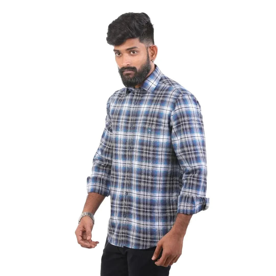 Blue Melange Checked Pattern Shirt For Men 