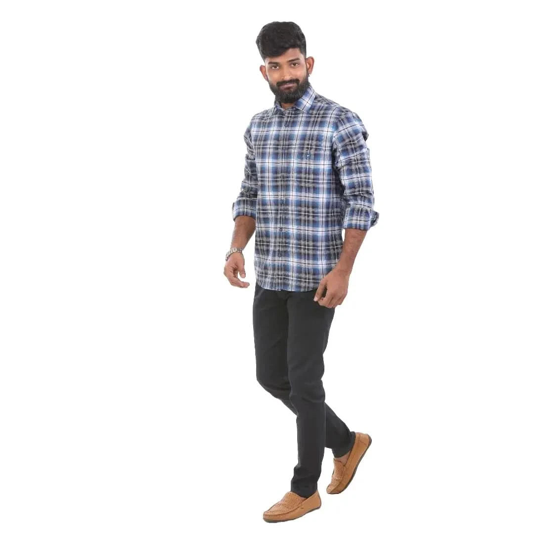 Blue Melange Checked Pattern Shirt For Men 