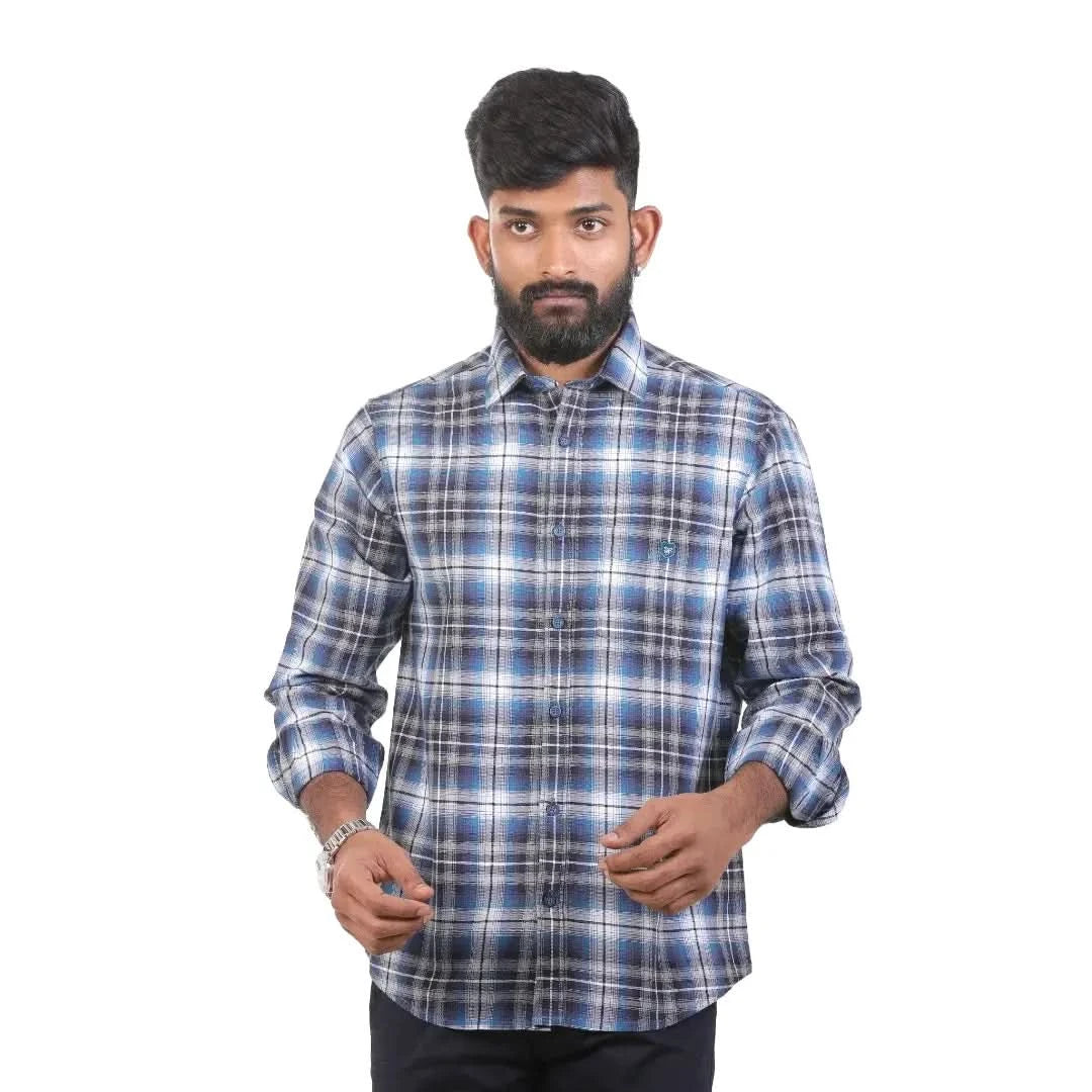 Blue Melange Checked Pattern Shirt For Men 