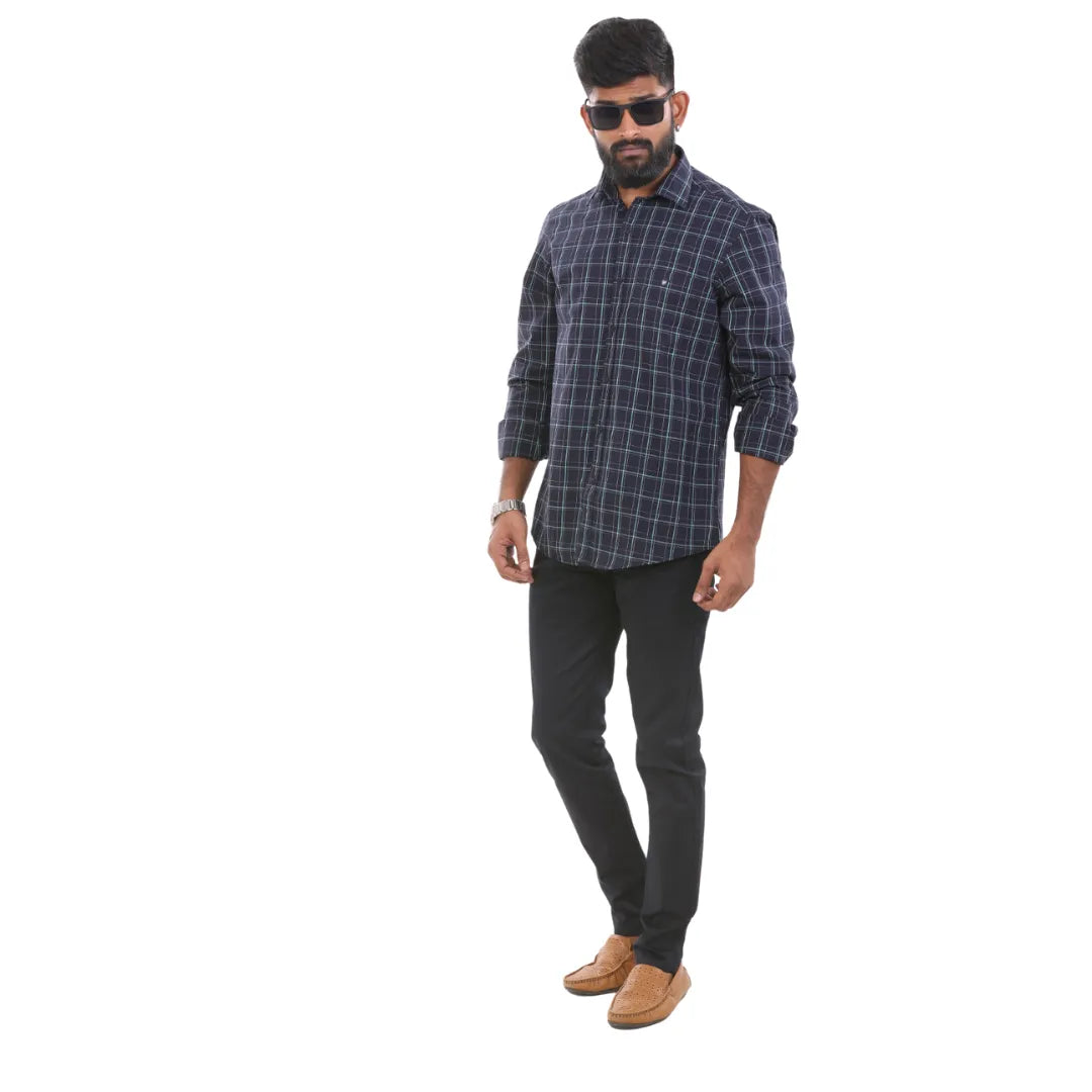 Navy Slub Checked Shirt For Men - 4838