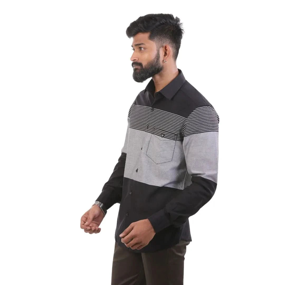 Black And Grey Twill Striped Shirt For Men- 4883