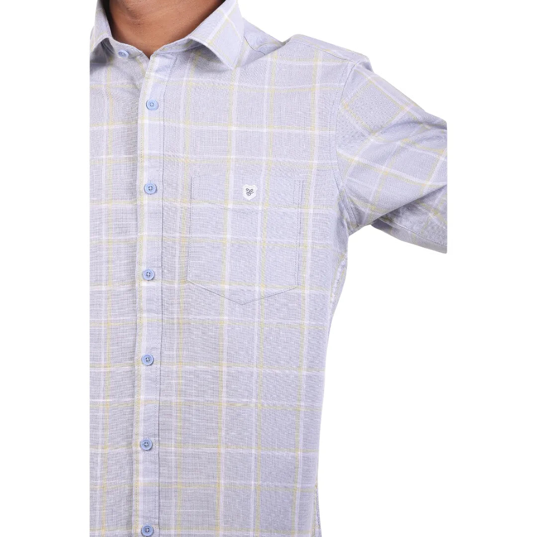 Light Blue Linen Checked Shirt For Men - 4902