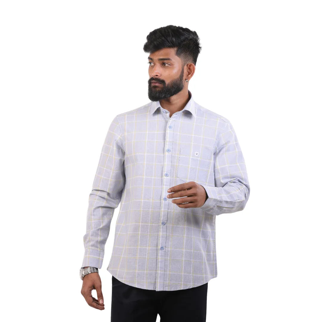 Light Blue Linen Checked Shirt For Men - 4902