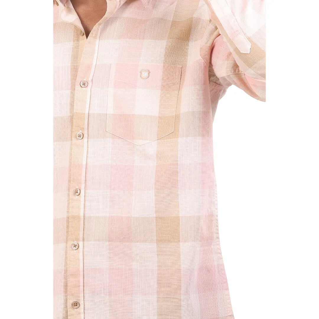 Pink And Sandal Linen Checked Shirt For Men - 4907