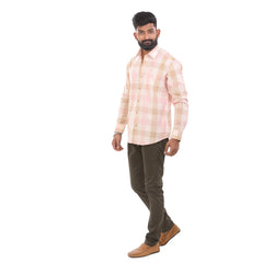 Pink And Sandal Linen Checked Shirt For Men - 4907