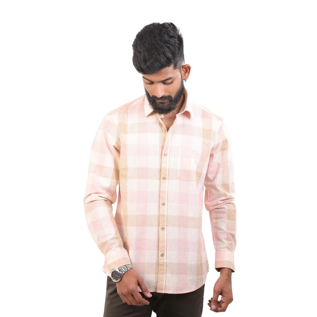 Pink And Sandal Linen Checked Shirt For Men - 4907