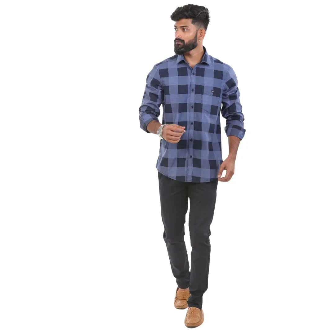 Blue Chambray Checked Shirt For Men - 4938