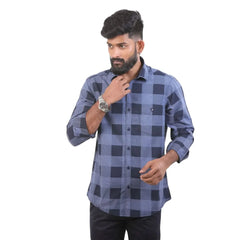 Blue Chambray Checked Shirt For Men - 4938