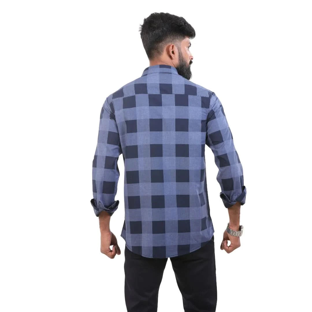 Blue Chambray Checked Shirt For Men - 4938