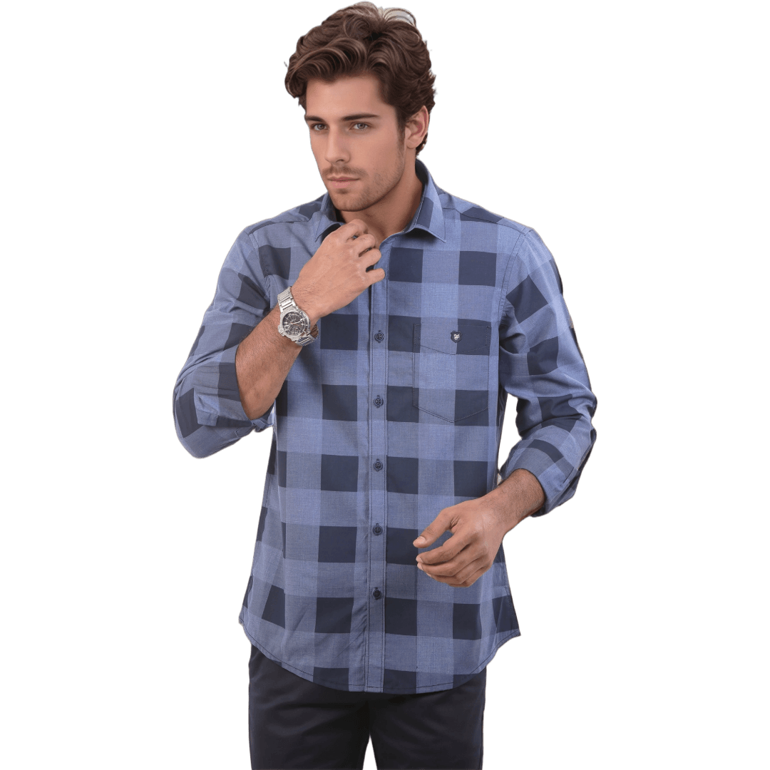 Blue Chambray Checked Shirt For Men - 4938 - Botticelli