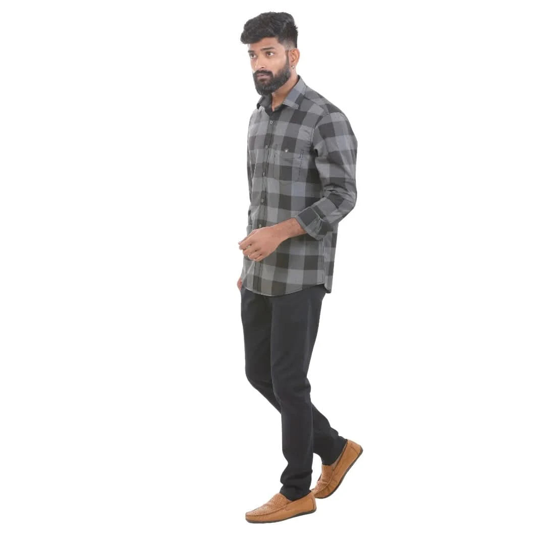 Blue Chambray Checked Shirt For Men - 4938