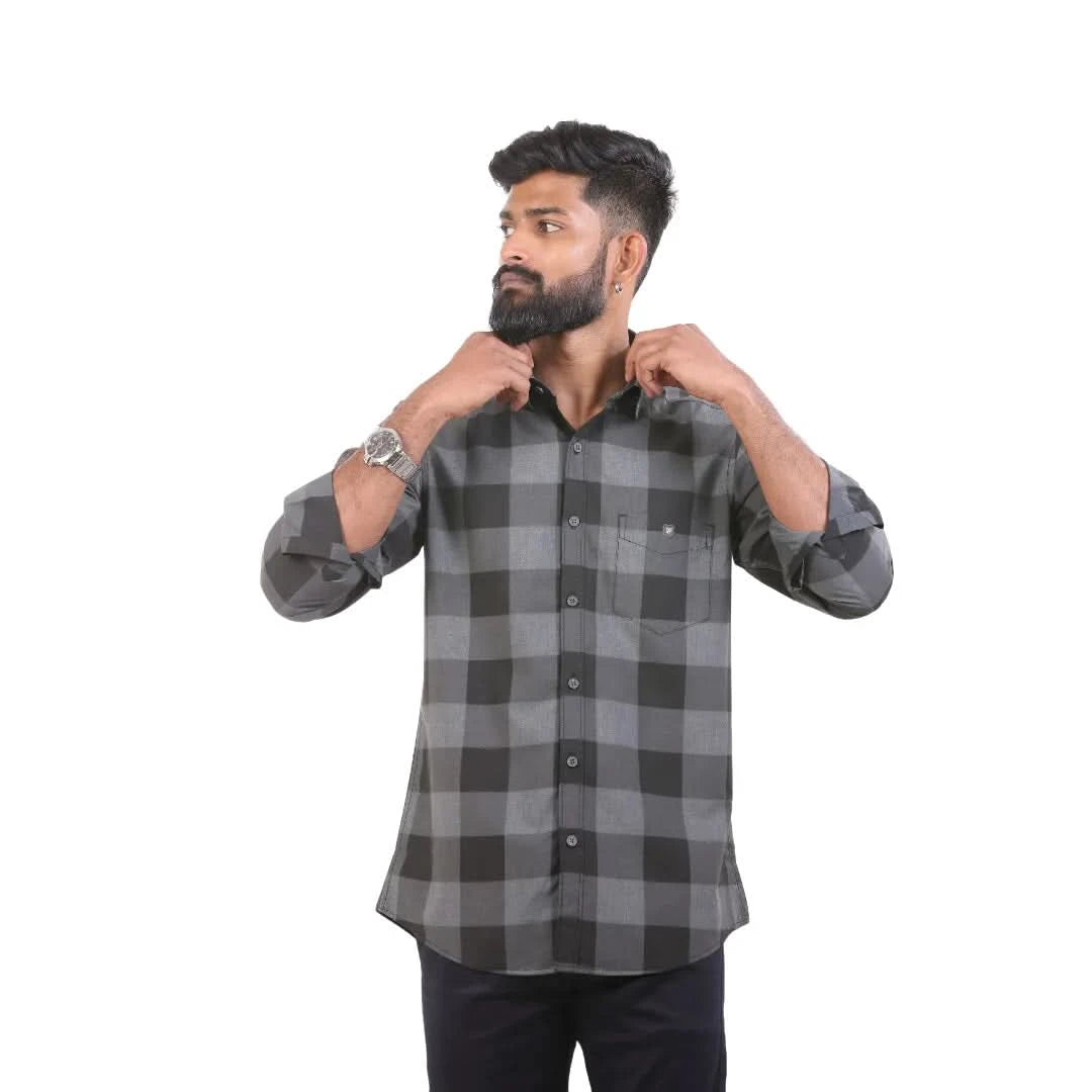 Blue Chambray Checked Shirt For Men - 4938