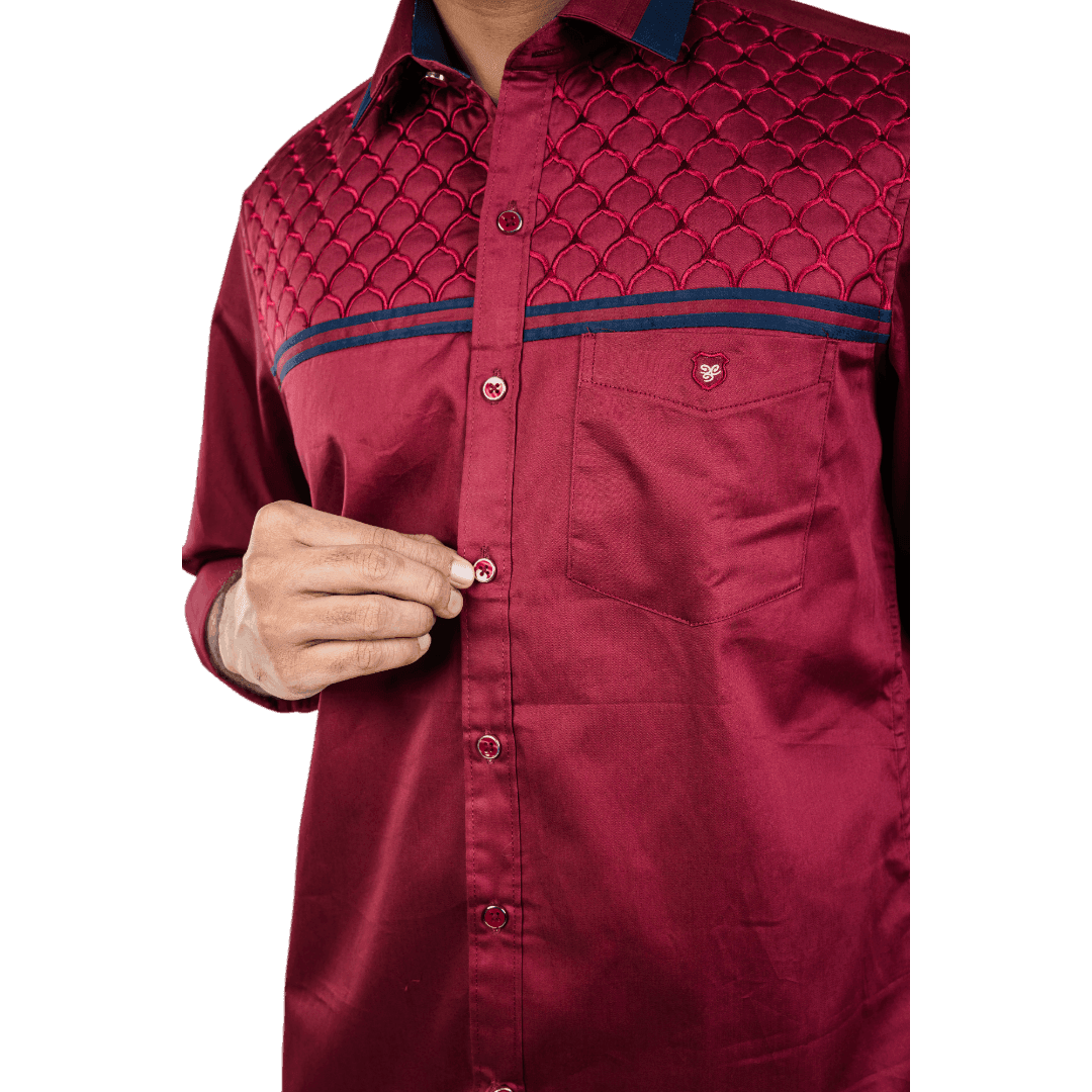 Botticelli Men Royal Maroon Partywear Shirt - Chest Embroidery Formal Shirts (5252) - Botticelli