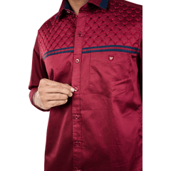 Botticelli Men Royal Maroon Partywear Shirt - Chest Embroidery Formal Shirts (5252) - Botticelli