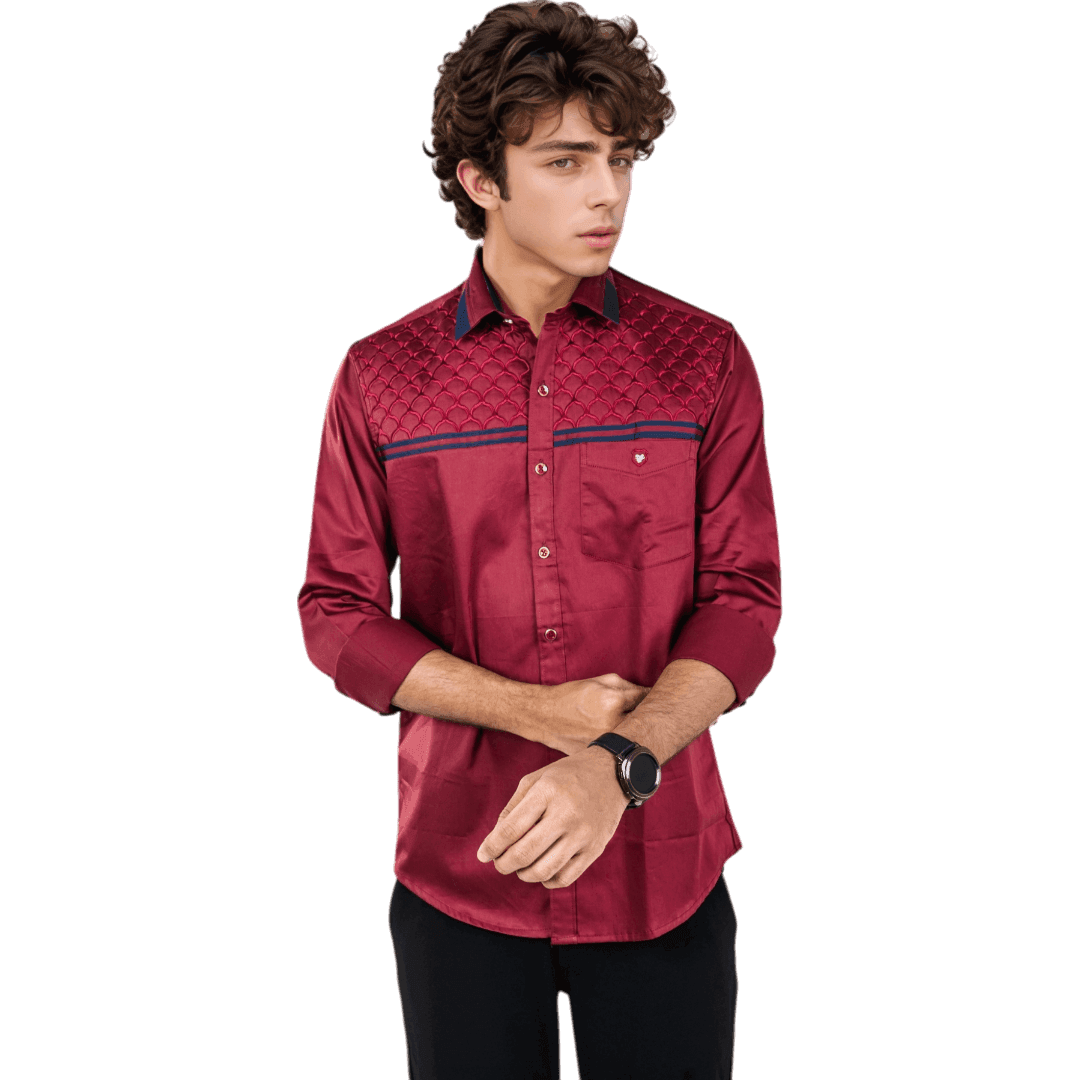 Botticelli Men Royal Maroon Partywear Shirt - Chest Embroidery Formal Shirts (5252) - Botticelli