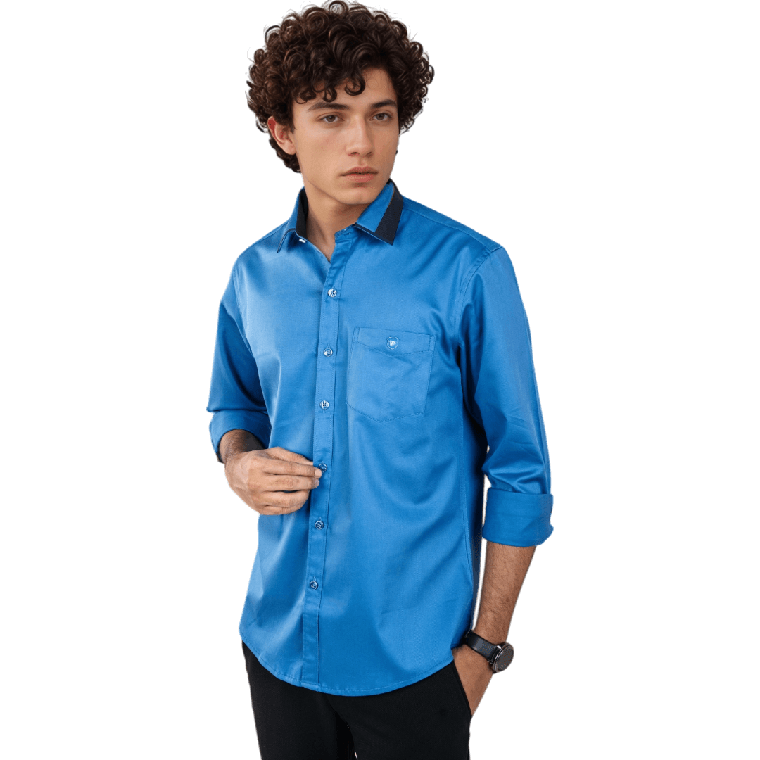 Botticelli Peacock Blue Partywear Shirt For Men - Collarwork Cotton Shirts (5256) - Botticelli