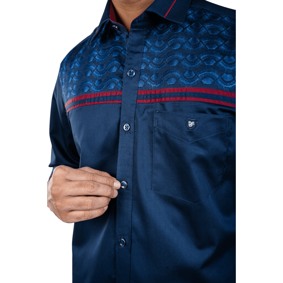 Botticelli Dark Navy Partywear Shirt For Men - Chest Embroidery Cotton Shirts (5258) - Botticelli