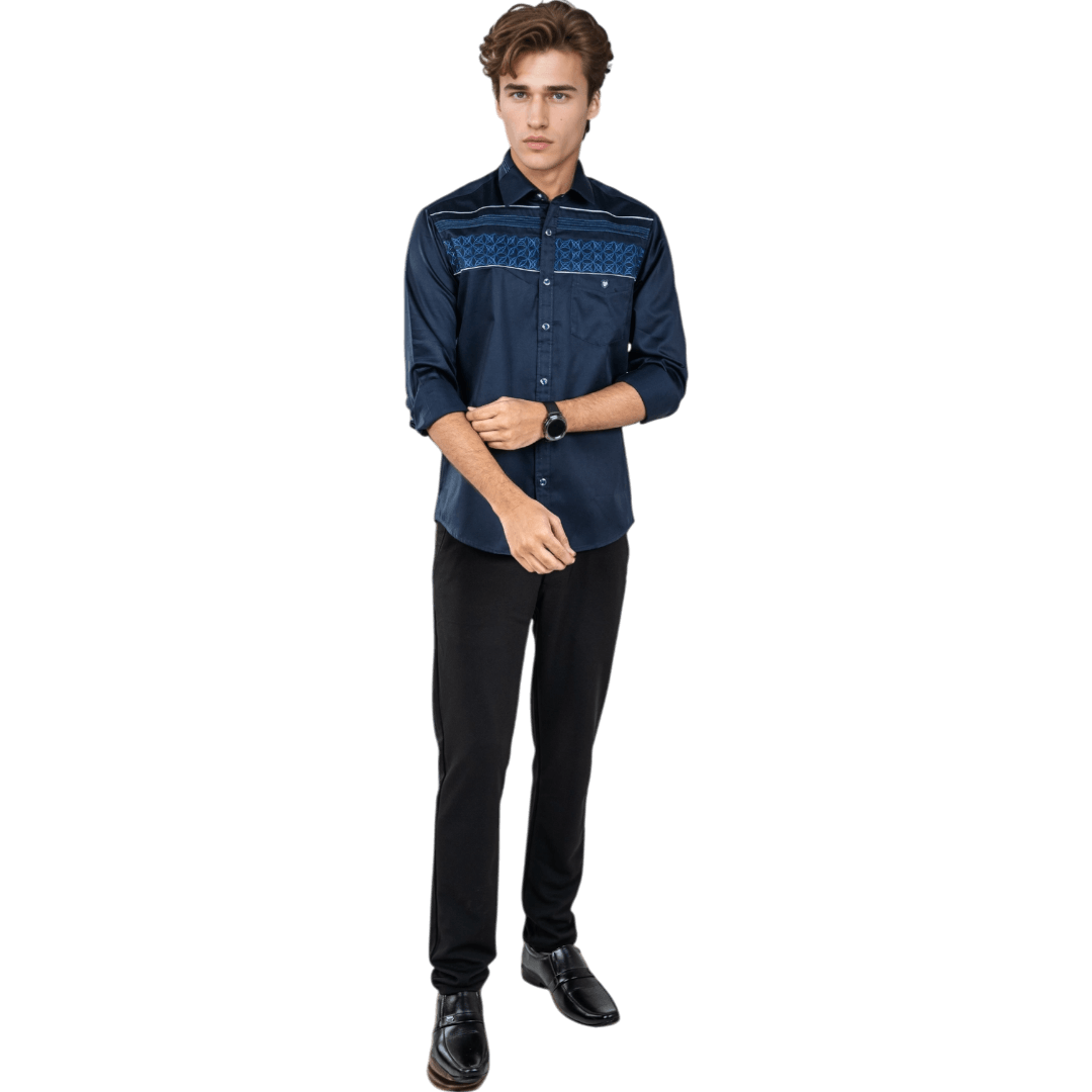 Botticelli Navy Blue Partywear Shirt For Men - Chest Embroidery Formal Shirts (5263) - Botticelli