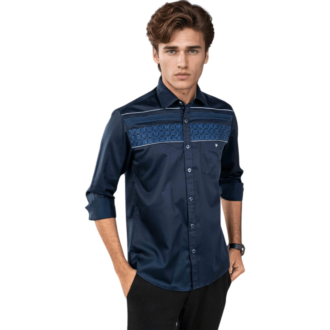 Botticelli Navy Blue Partywear Shirt For Men - Chest Embroidery Formal Shirts (5263) - Botticelli