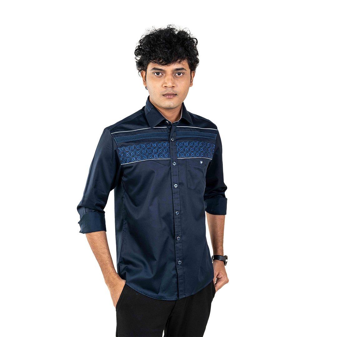 Men Navy Chest Embroidery Shirt- 5263