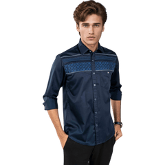 Botticelli Navy Blue Partywear Shirt For Men - Chest Embroidery Formal Shirts (5263) - Botticelli