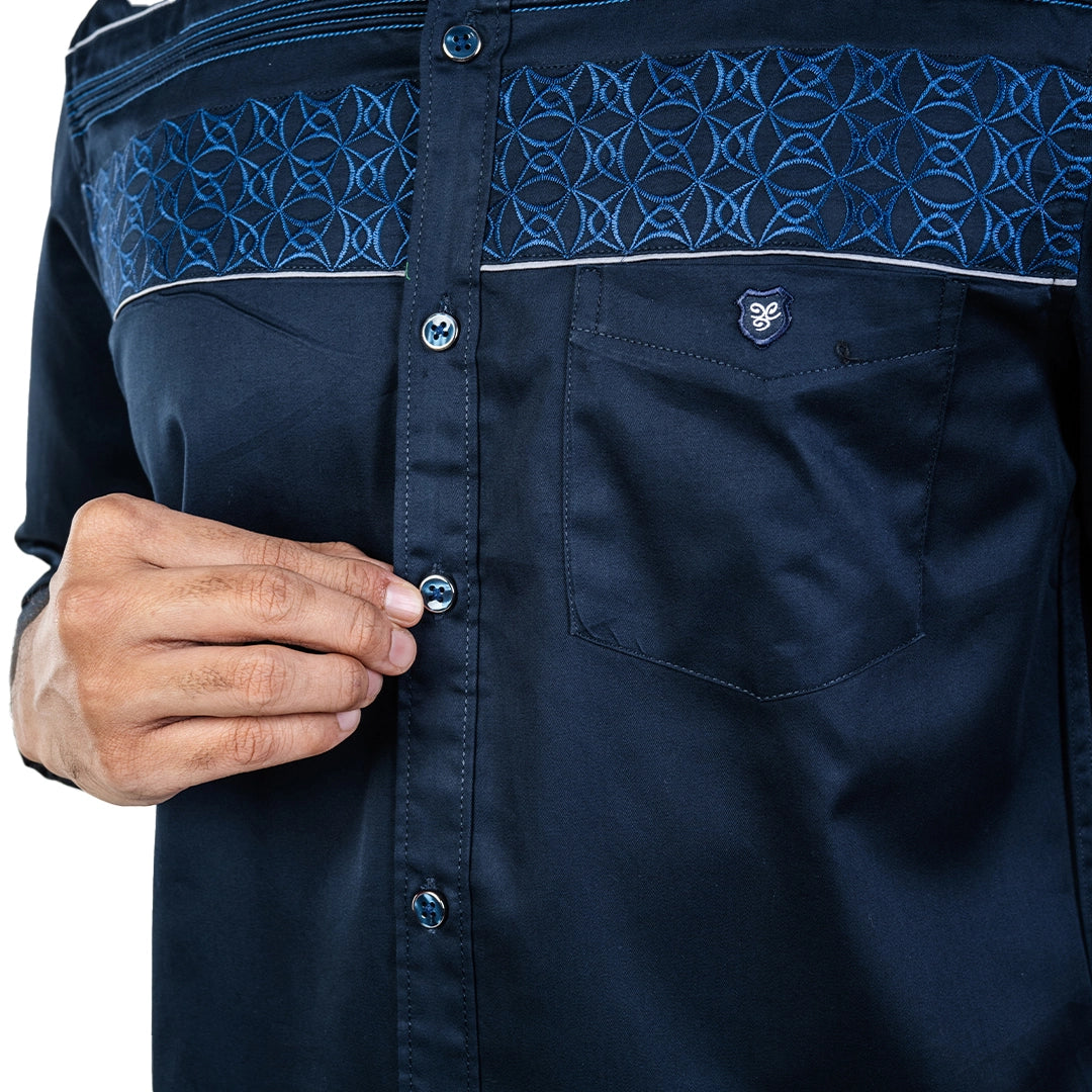 Men Navy Chest Embroidery Shirt- 5263