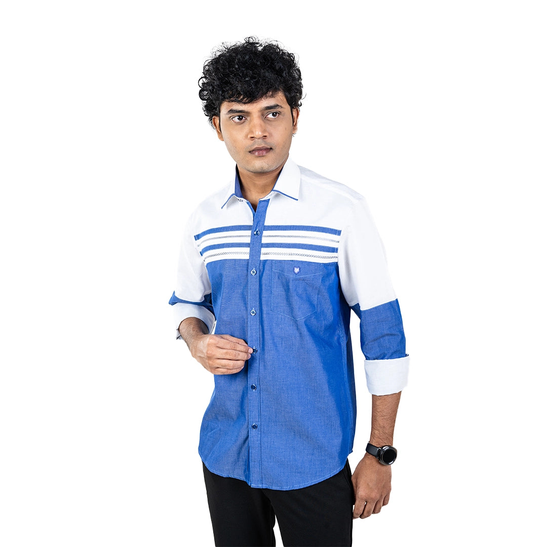 Men Blue Chest Embroidery Shirt- 5267