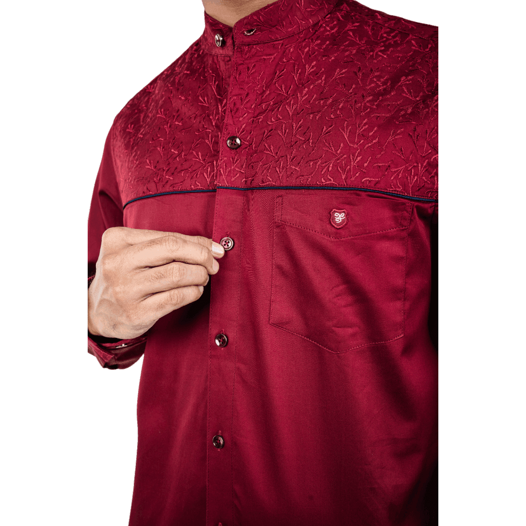 Botticelli Men Chinese Collar Maroon Partywear Shirt - Full Sleeve Cotton Shirts (5268) - Botticelli