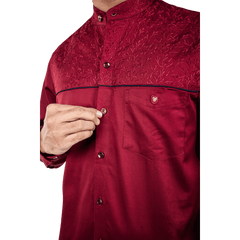 Botticelli Men Chinese Collar Maroon Partywear Shirt - Full Sleeve Cotton Shirts (5268) - Botticelli