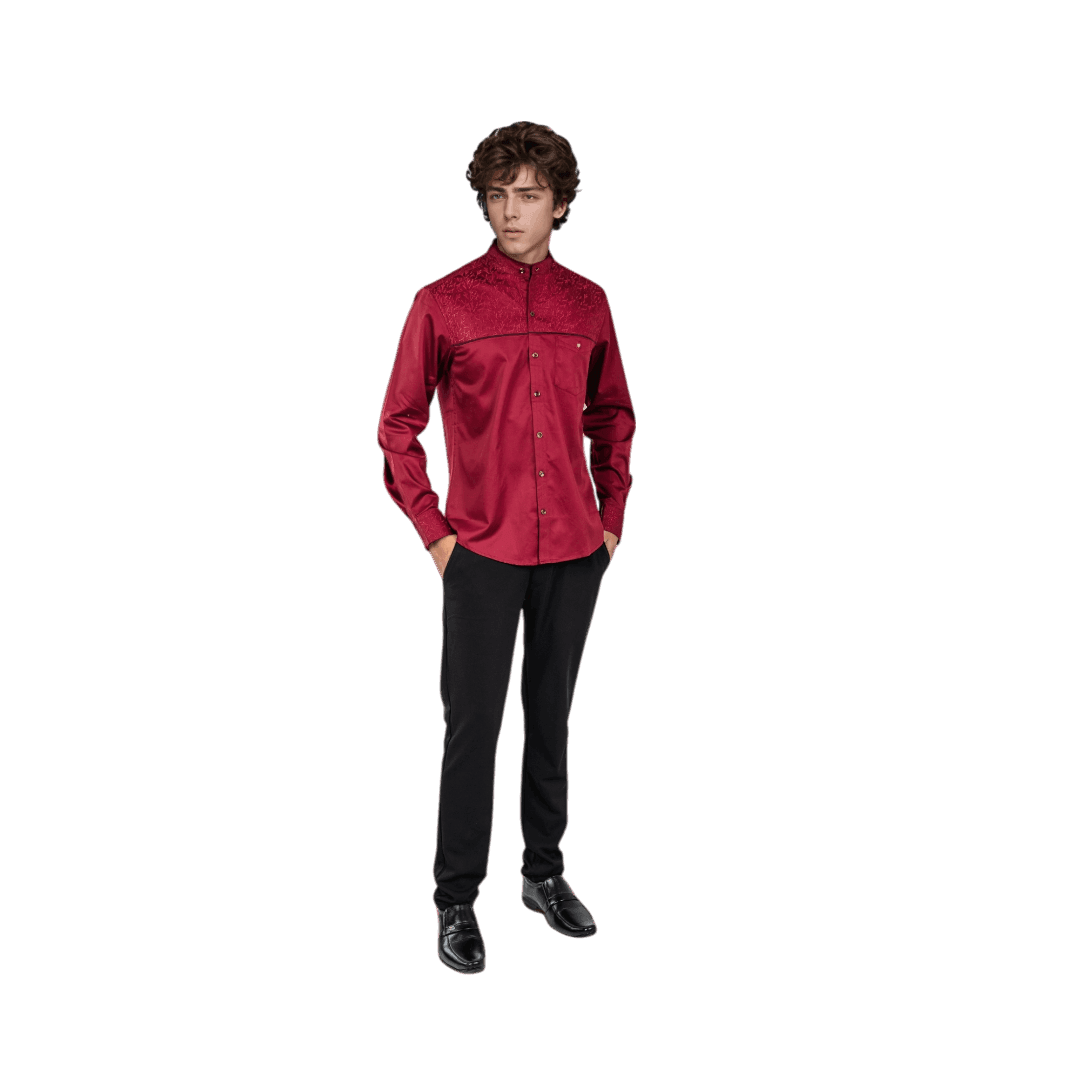 Botticelli Men Chinese Collar Maroon Partywear Shirt - Full Sleeve Cotton Shirts (5268) - Botticelli