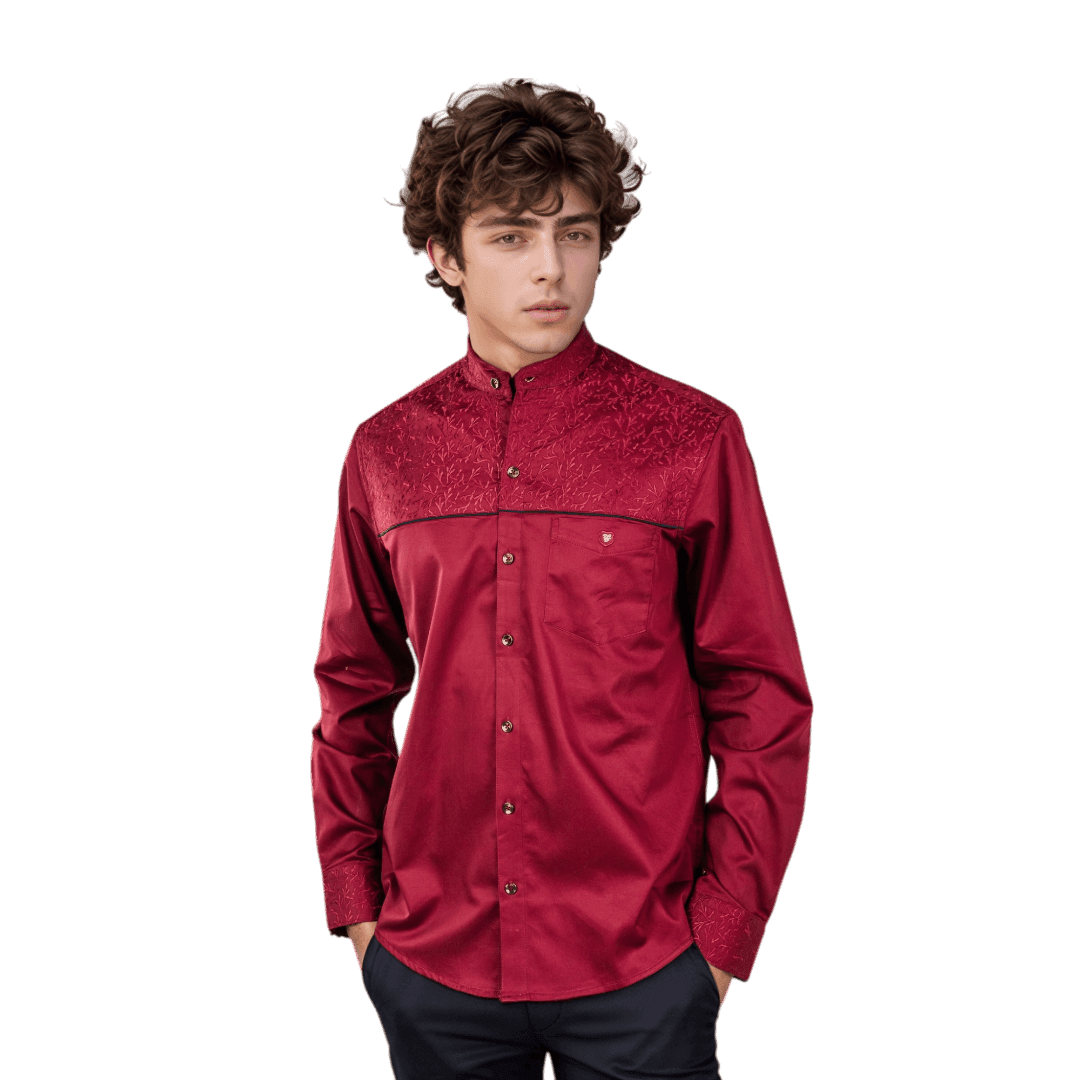 Botticelli Men Chinese Collar Maroon Partywear Shirt - Full Sleeve Cotton Shirts (5268) - Botticelli