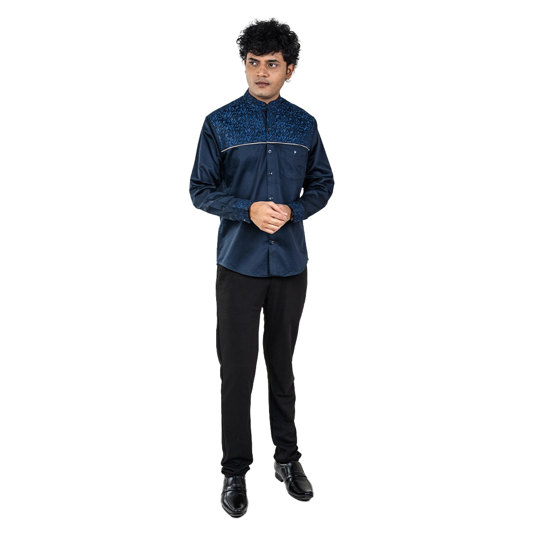 Men Navy Chinese Collar Shirt - 5268