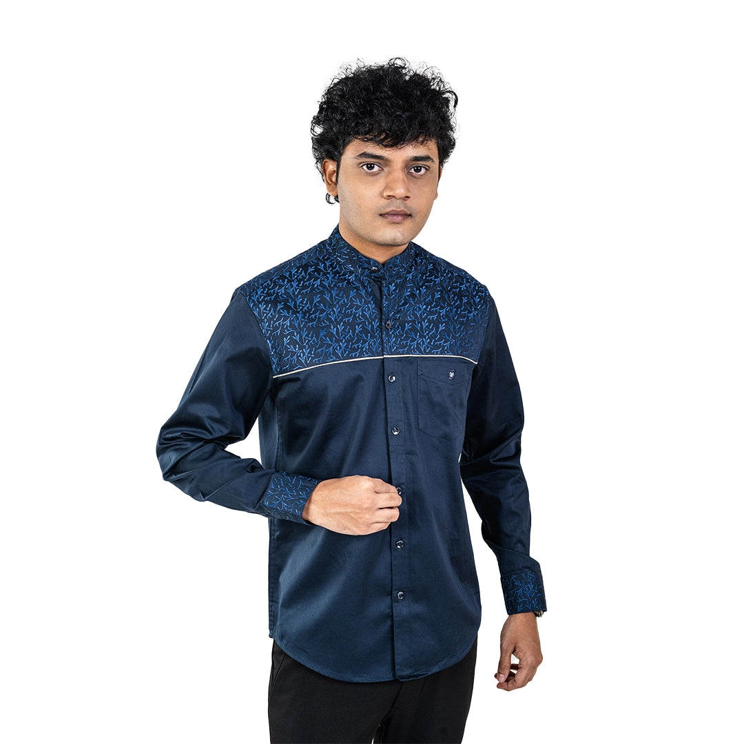 Men Navy Chinese Collar Shirt - 5268