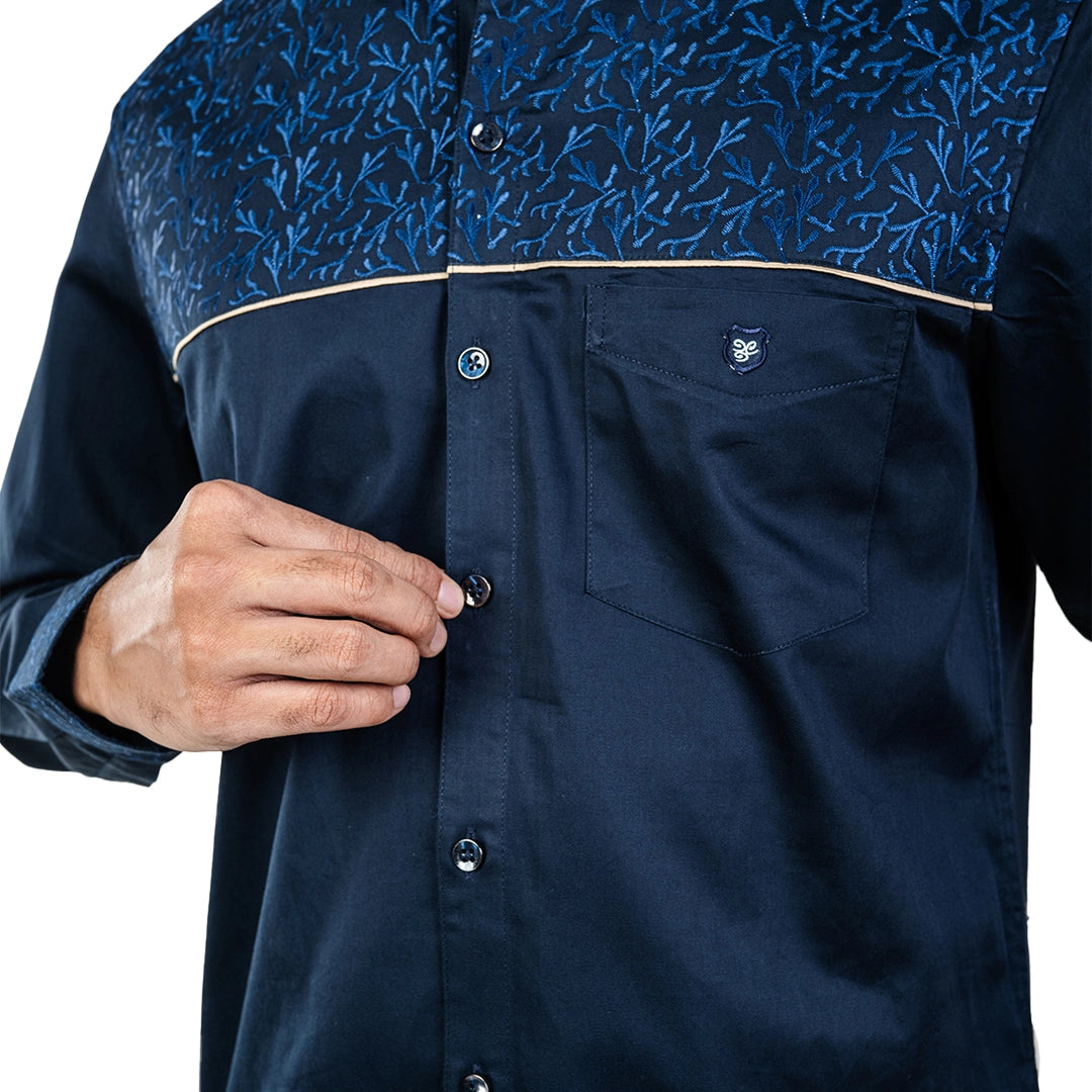 Men Navy Chinese Collar Shirt - 5268