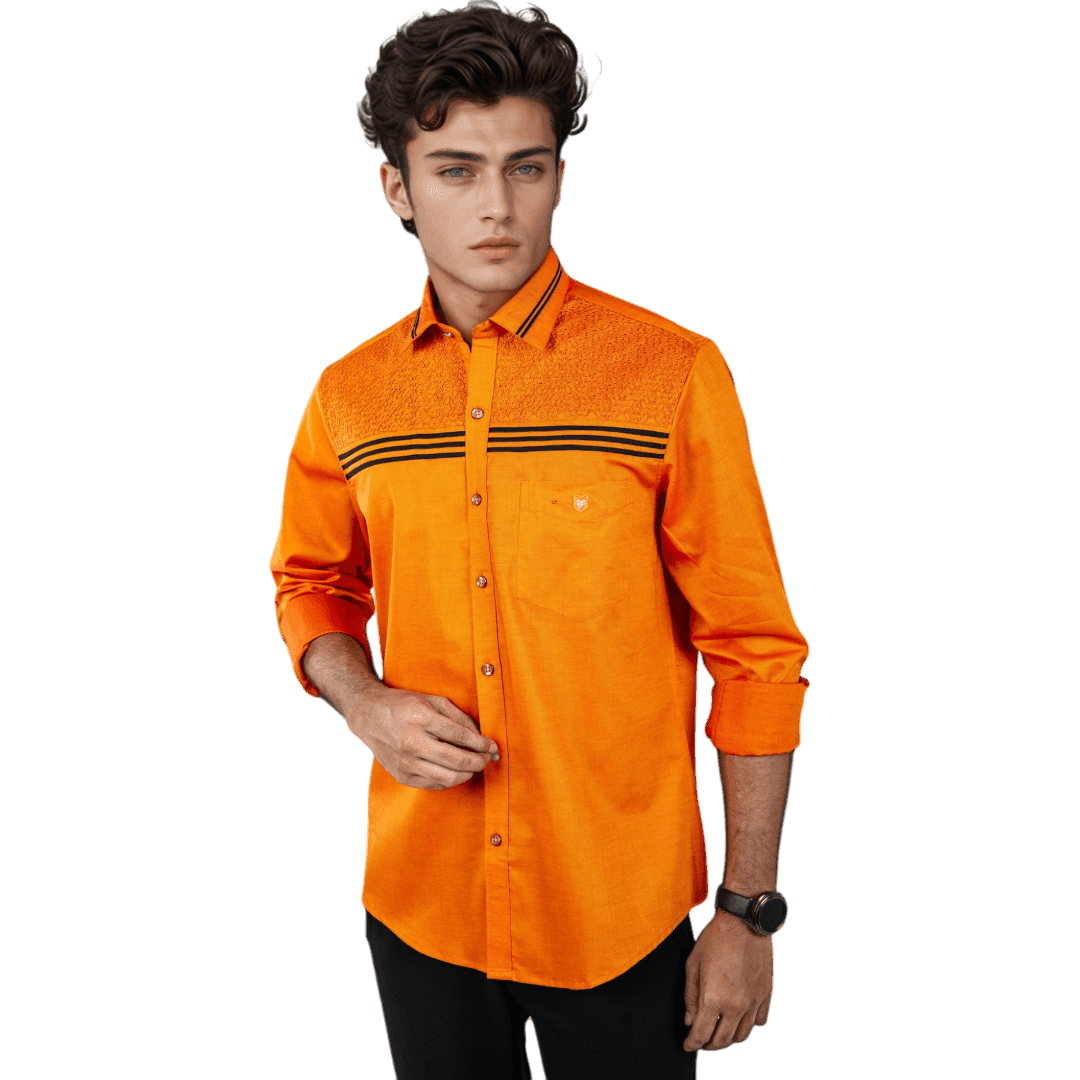 Botticelli Chest Embroidery Orange Partywear Shirt For Men - Formal Shirts (5273) - Botticelli