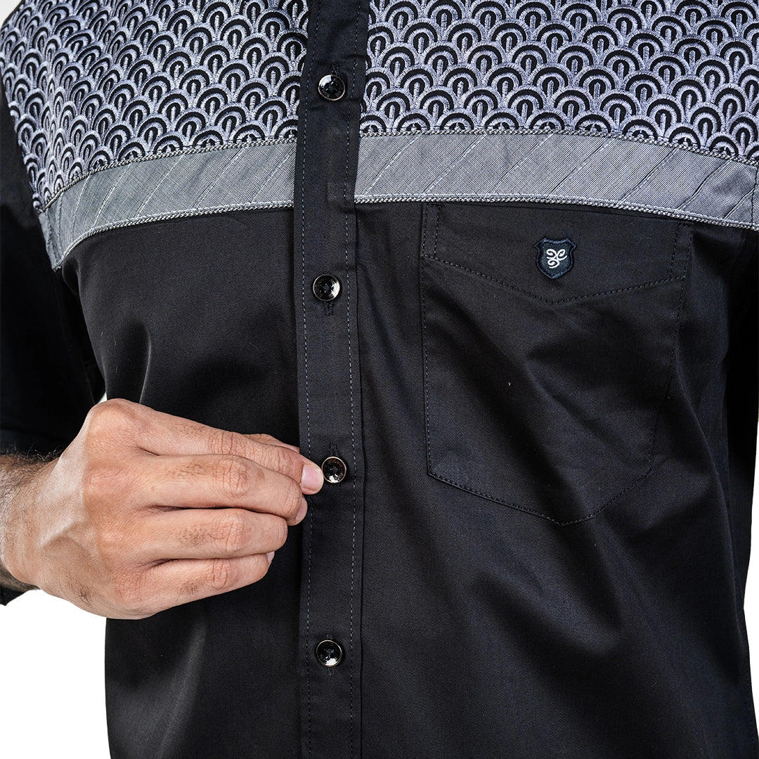 Men Black Chest Embroidery Shirt- 5283