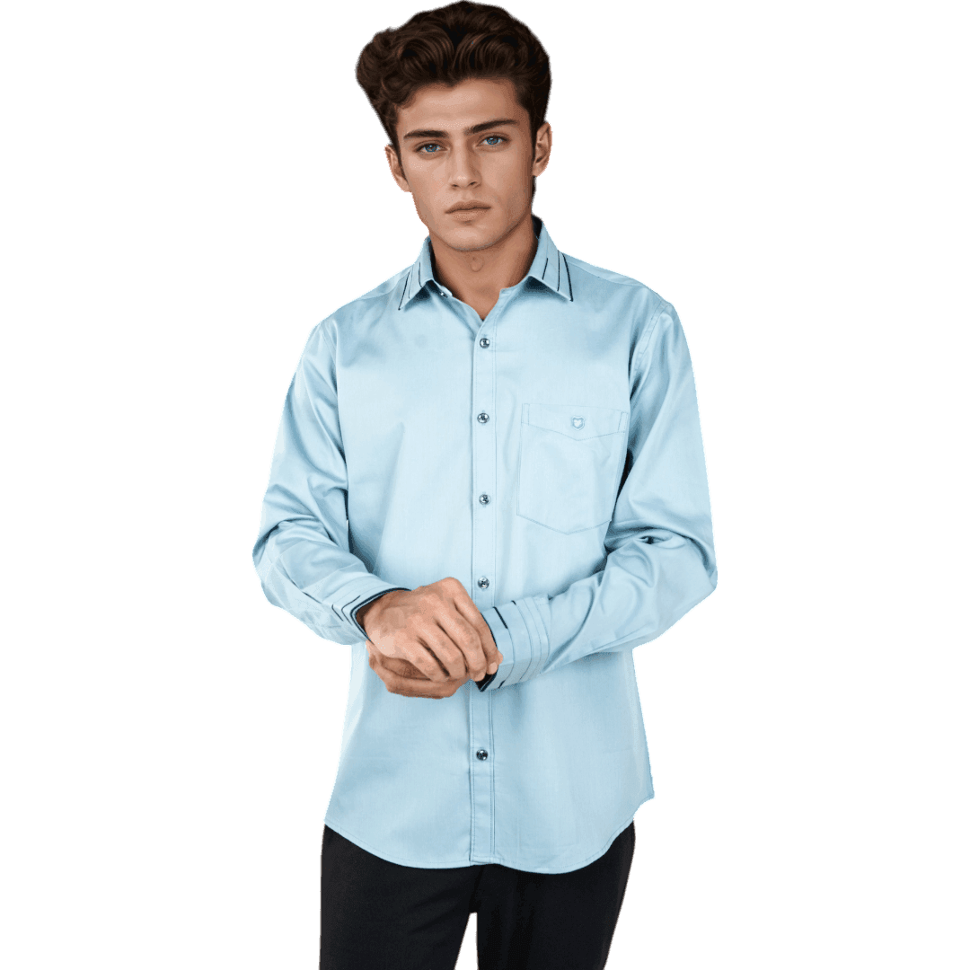 Collar Cuff Peacock Blue Partywear Shirt