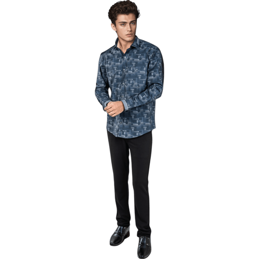 Botticelli Men Abstract Print Blue Partywear Shirt - Cotton Shirts (5309) - Botticelli