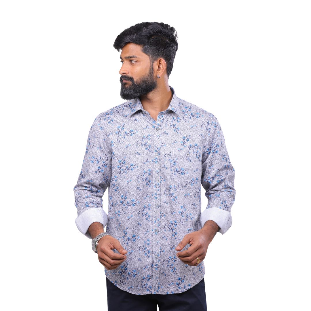 Grey Satin Printed Shirt for Men