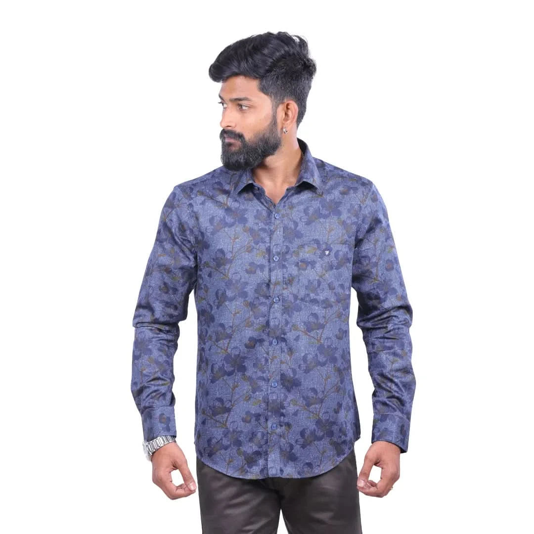 Navy Satin Printed Shirt for Men