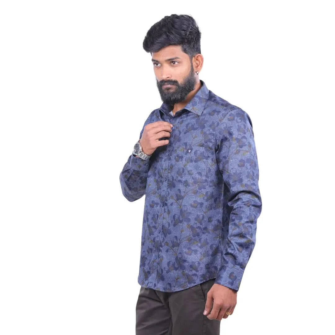 Navy Satin Printed Shirt for Men