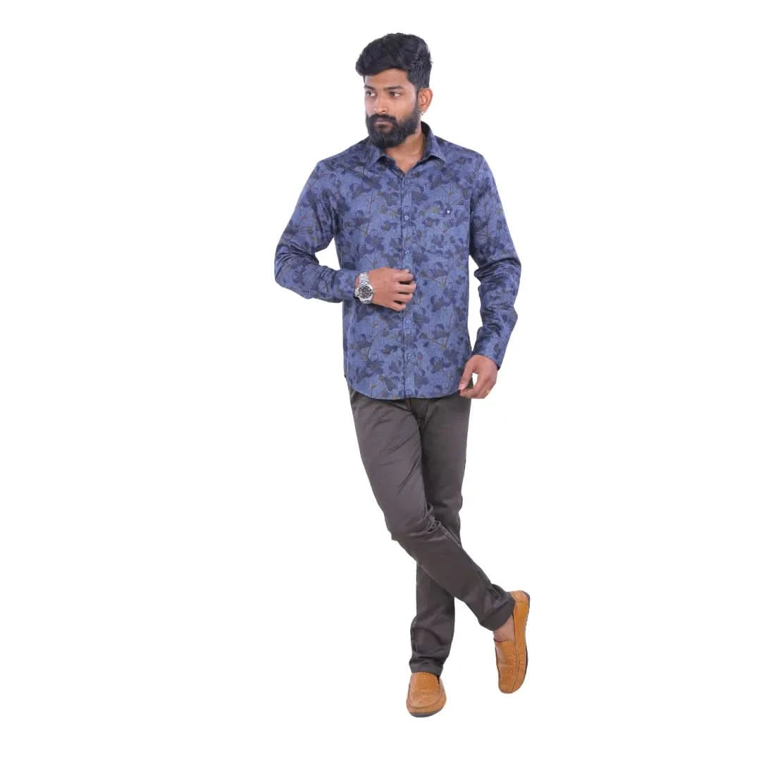 Navy Satin Printed Shirt for Men