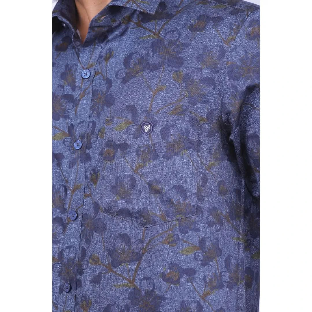 Navy Satin Printed Shirt for Men