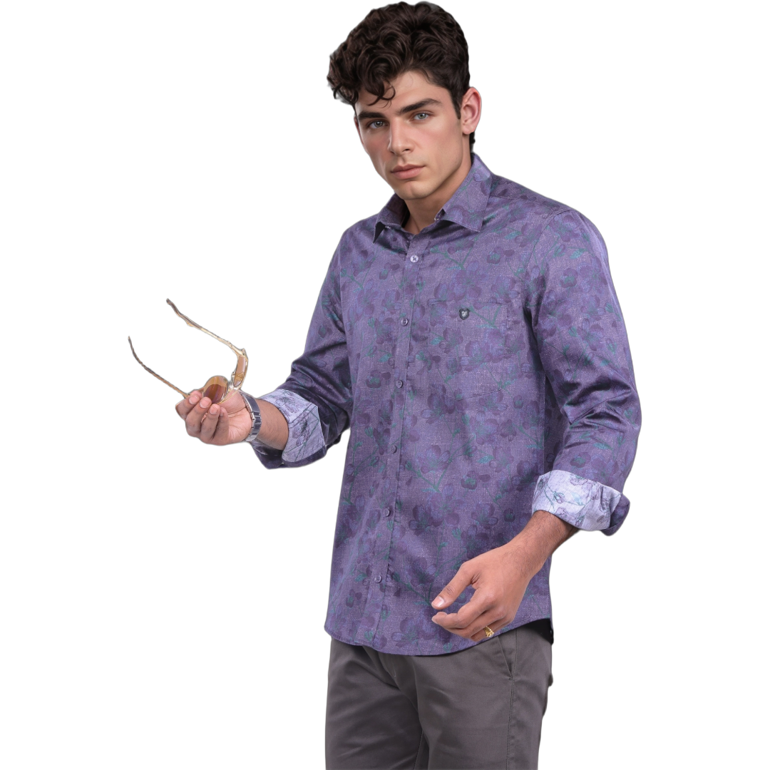 Botticelli Men Navy Floral Print Shirt - Regular Fit Cotton Shirts (6882)