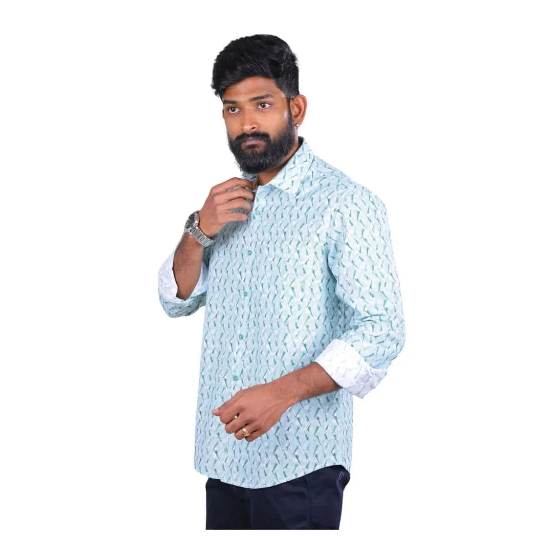 Men Green Lino Cotton Printed Shirt  - 6983